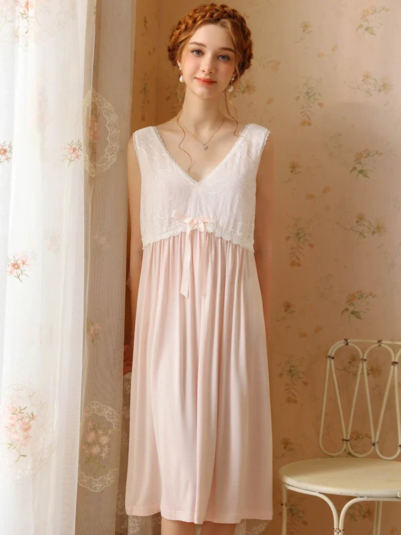 French Vintage Sleeveless Nightgown Sweet Princess Modal Pajamas Nightdress Ladies Summer Fairy Victorian Sleepwear Nightwears