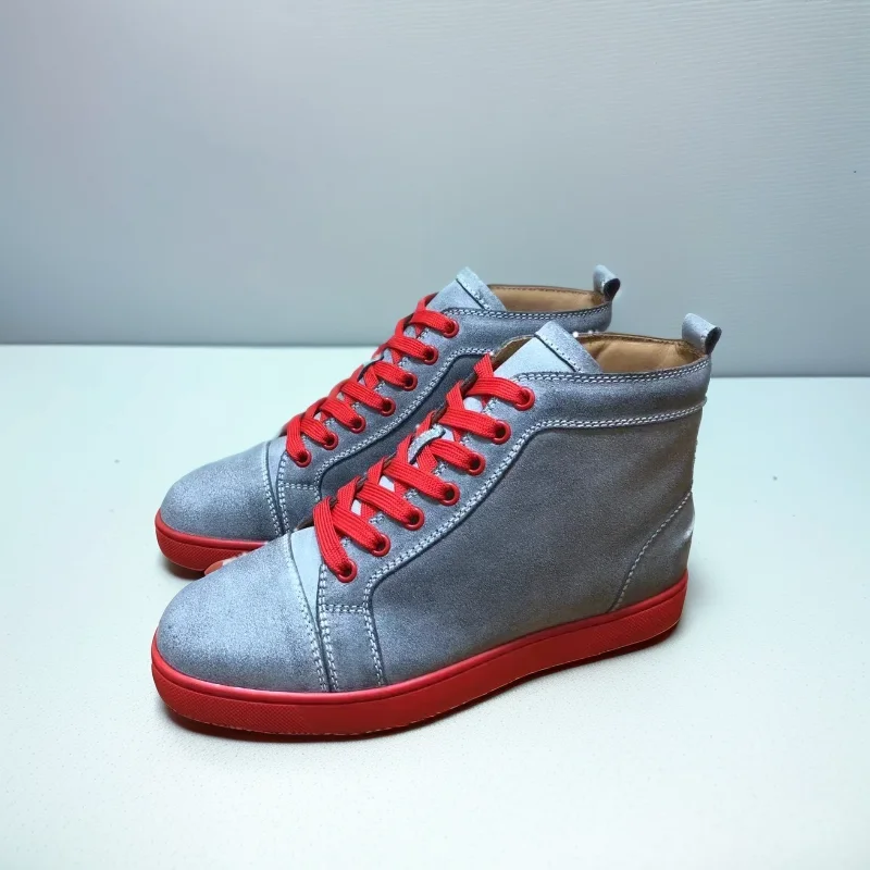 

Fashion Luxury High Top Sole Red Bottom Shoes For Men Trainers Driving Spiked Gray Suede Genuine Leather No Rivets Flats Sneaker