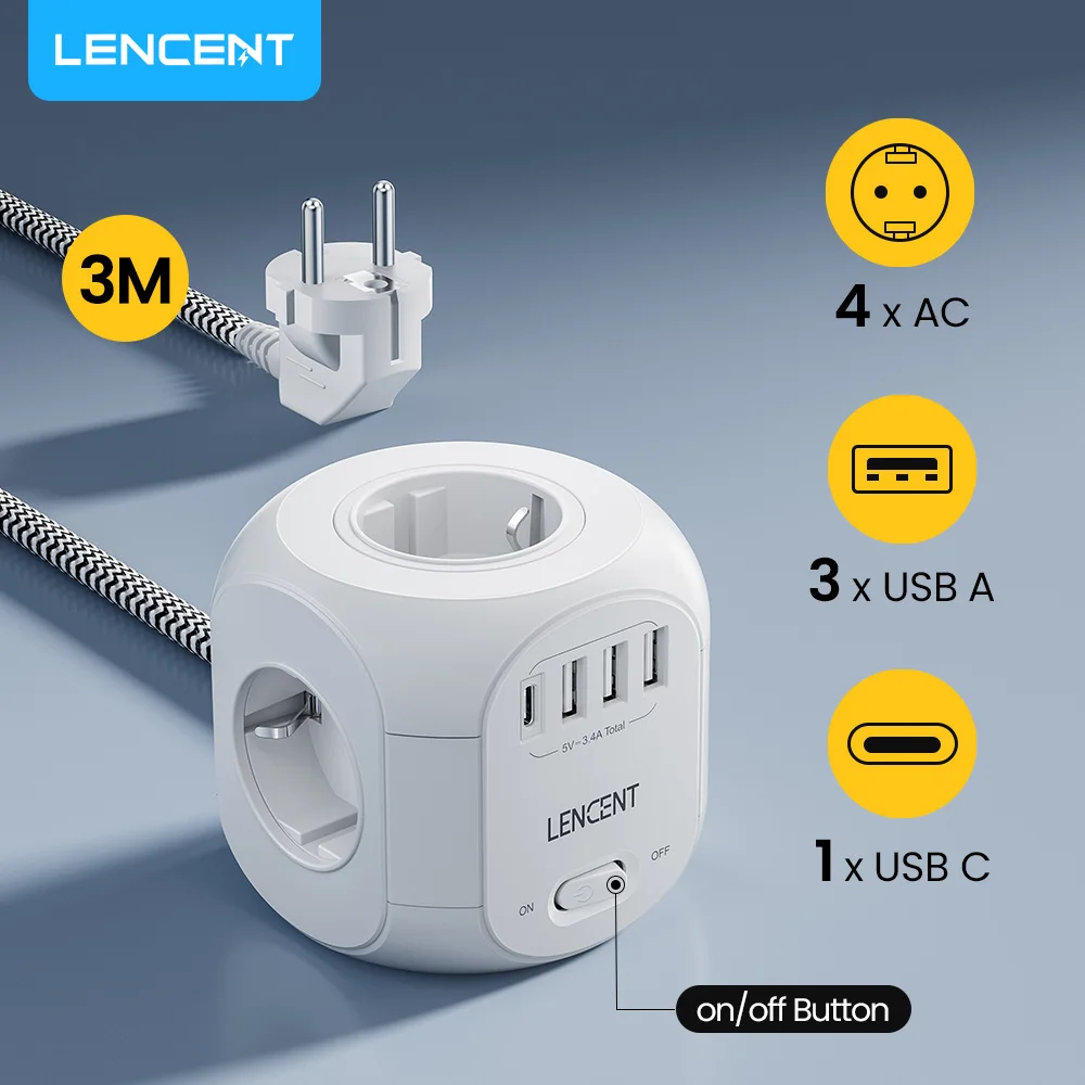 LENCENT قطاع الطاقة مكعب مع 4 منافذ التيار المتناوب 3 منفذ USB 1 نوع C 3m مضفر كابل قابس متعدد محول الطاقة مع التبديل للمنزل