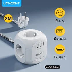 LENCENT Power Strip Cube with  4 AC Outlets 3 USB Port 1 Type C 3M Braided Cabe Multi Socket Power Adapter with Switch for Home
