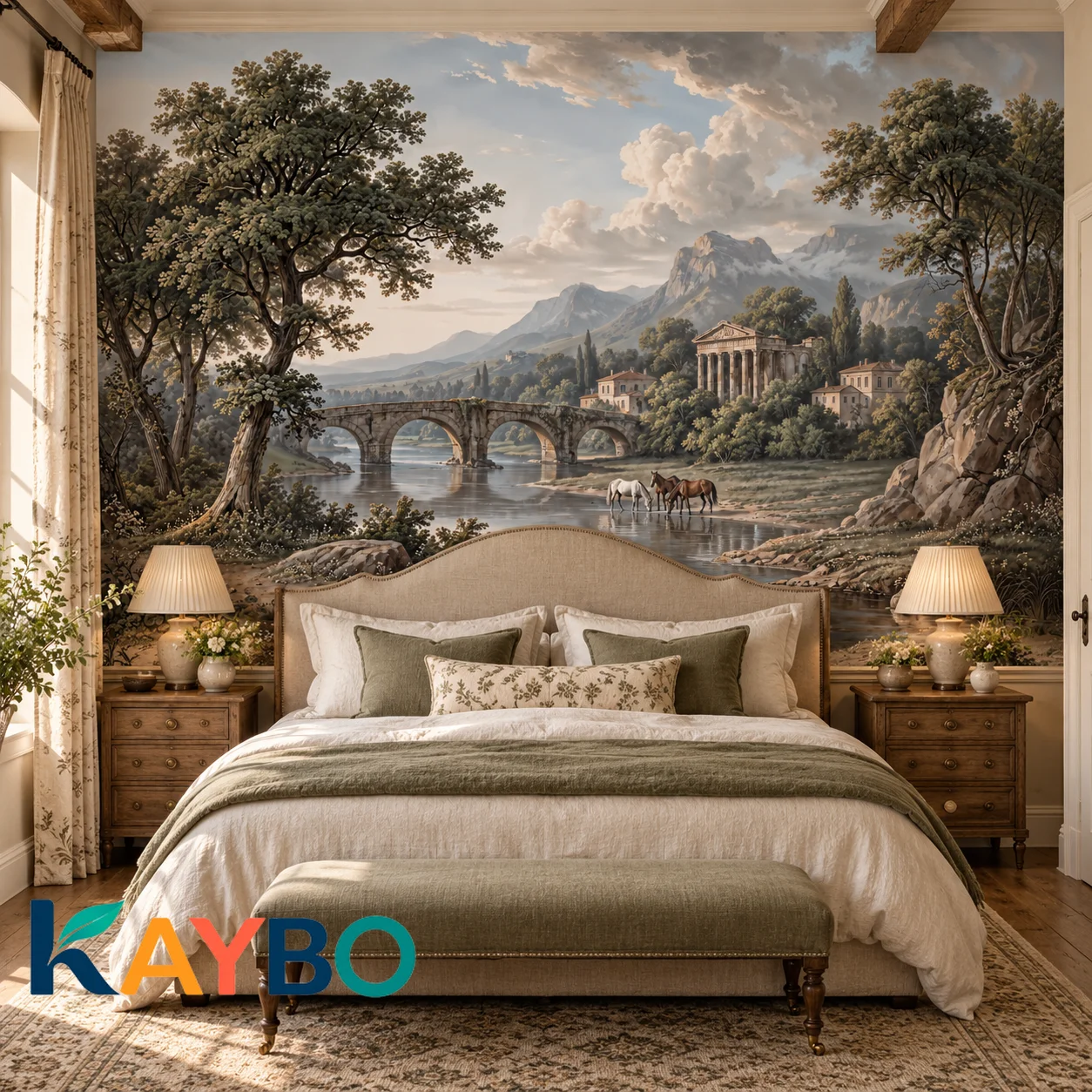 Wallpaper Mural Classical Landscape River Bridge Mountain Wall Art European Countryside Decor Room Bedroom Non Self Adhesive Art
