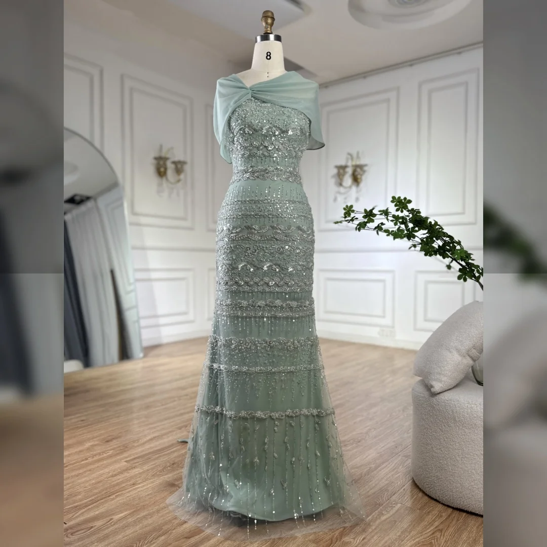 Serene Hill Customized 2025 Sage Green Mermaid Beaded Evening Dress Long Back Cape Dubai Formal Party Gown for Women DLA72126B