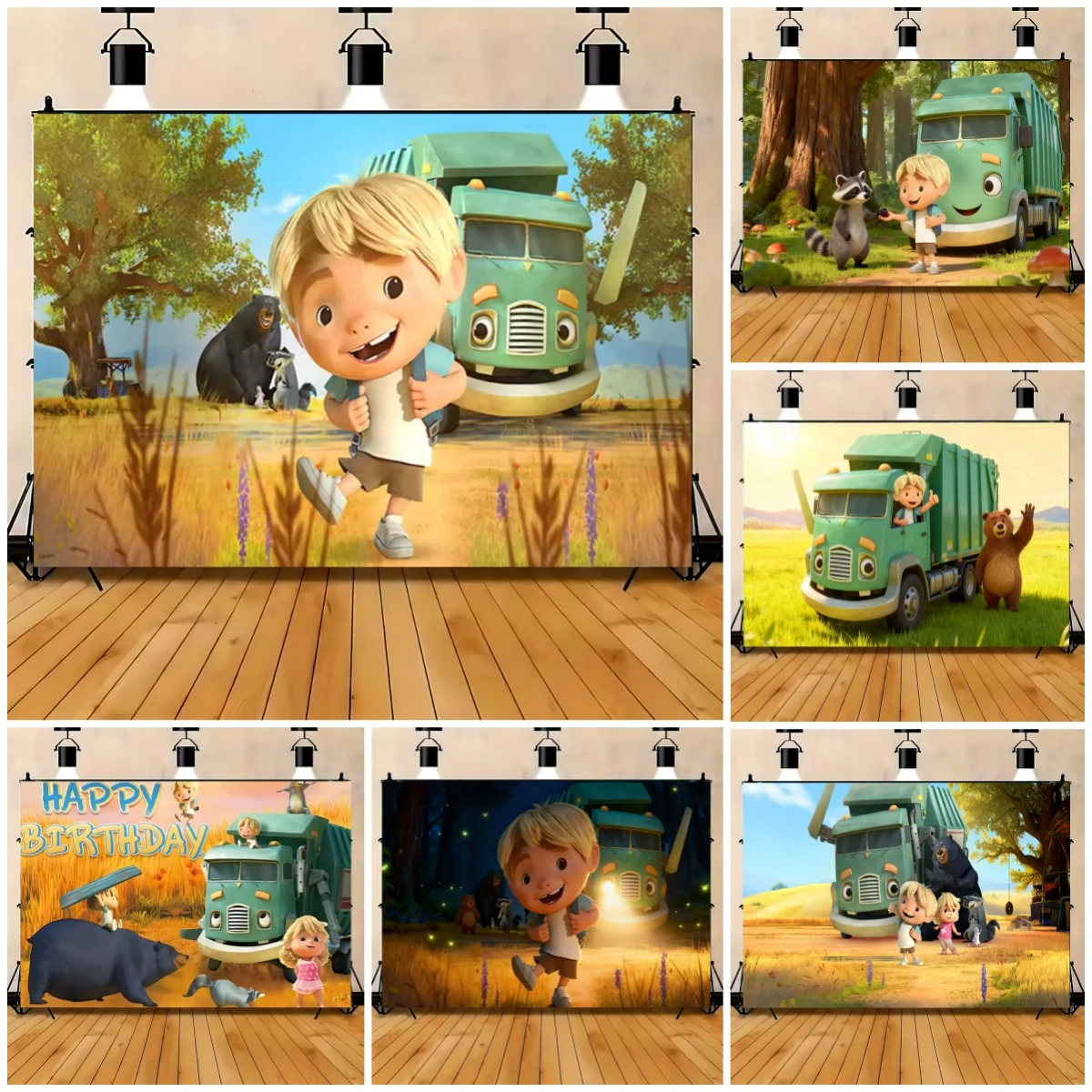 

Trash Truck Backdrop Kids 1st Birthday Party Decoration Background Hank With Friends Green Environmental Theme Photography Props