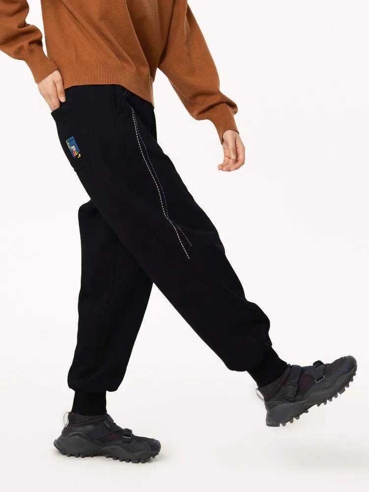 

MOVEUP Commuter Straight Pants Winter Elastic Waist Cute Cat Weave Mark Pocket Jogger Pants Fleece Casual Trouser 324410104
