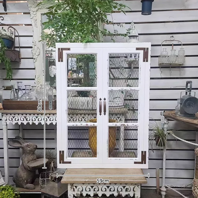 Rectangle Retro Vintage White Wooden Decorative Wall False Window Frame with Wire Mesh Design