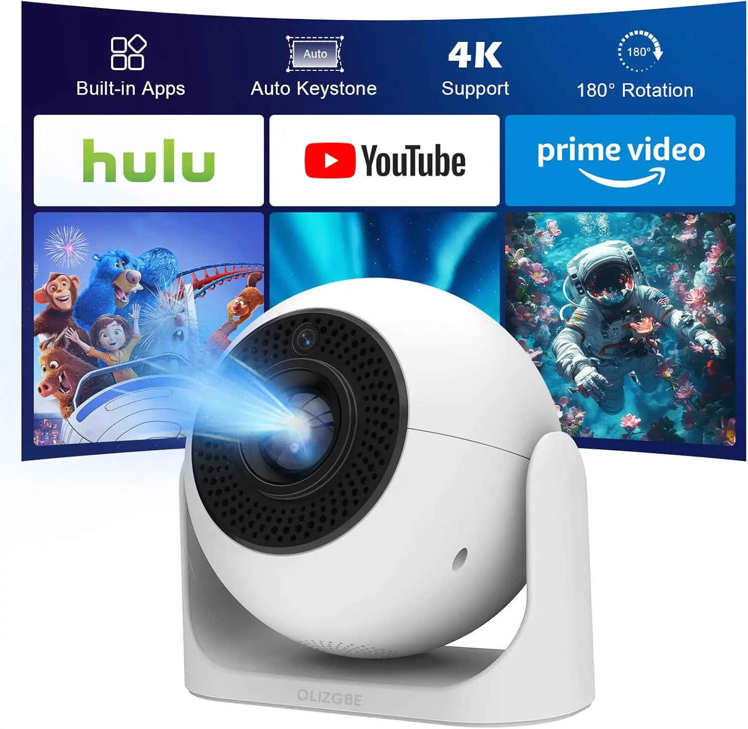 

Mini Projector with WiFi Bluetooth, 4K Support 180° Rotation, Auto Focus & Keystone Portable Projector Built-in Apps Speaker