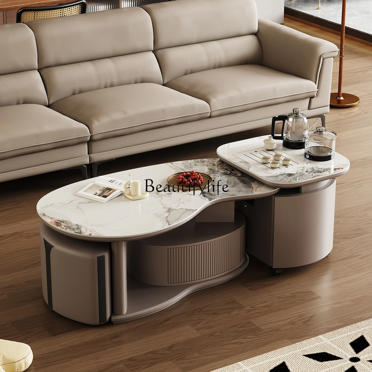 

Rock slab kung fu tea table living room home light luxury high-end sense modern simple tea integration