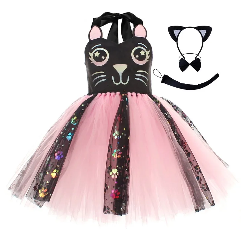 Niedliches rosa-schwarzes Katzenkleid für Kinder, Cosplay-Tutu-Rock, Tanzkostüm, Ohren, Schleife, Schwanz, Mädchen-Performance-Outfit, Geburtstagsparty-Outfit, Geschenk – Detail 10