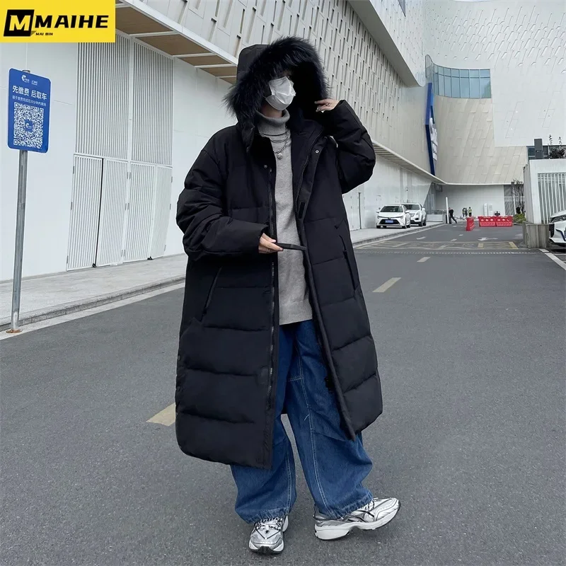 Doudoune longue à capuche pour homme, manteau épais, parka chaude, coupe-vent, ski, résines blanches, mode Kpop, extérieur, hiver