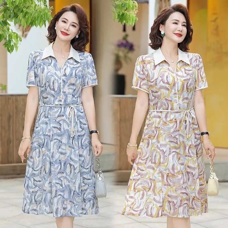 

Floral Print Maternity Dress Slimming Short Sleeve Waist-Cinching Summer 2026 Fashionable New Style Elegant Midi Dress