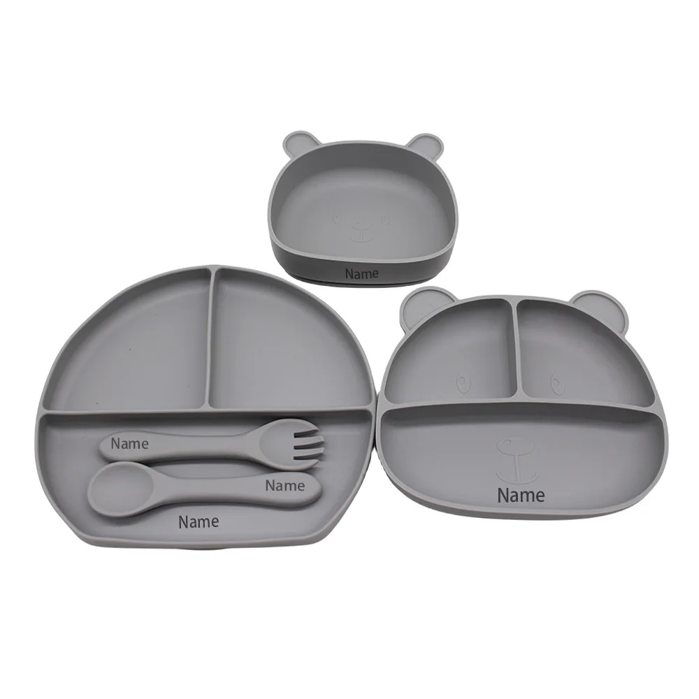 Free Name Printing Children's Tableware Set with Divided Plate, Bowl, Fork, and Spoon - Silicone Material Children's Gift