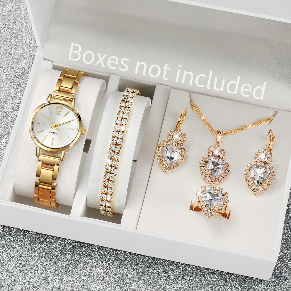 Conjunto de jóias diamante artificial para mulheres, conjunto de relógios de luxo, estilo fashion sintético, presente para namorada, mãe e mulher, 6 peças por conjunto