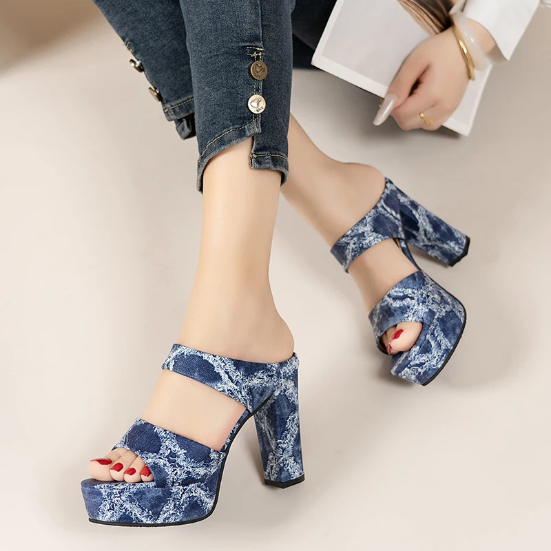 2026 Summer Denim High Heel Women's Sandals New Waterproof Platform Slip-on Slippers Large Size 34-42 Sexy Slide Women's Shoes view 4