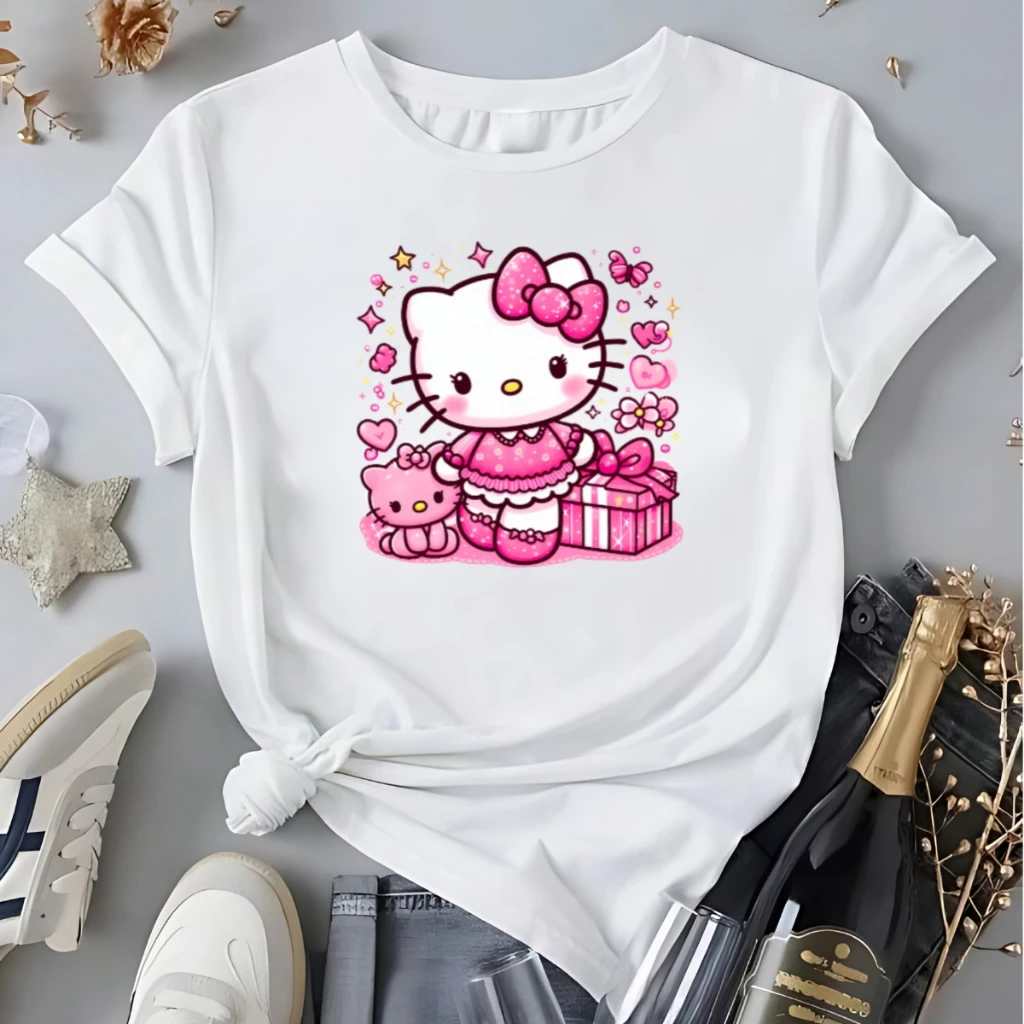 

Boys Girls Cartoon Hello Kitty Summer T-Shirt Family Parent-Child Clothing Casual Comfortable Oversized Short Sleeve Men Women