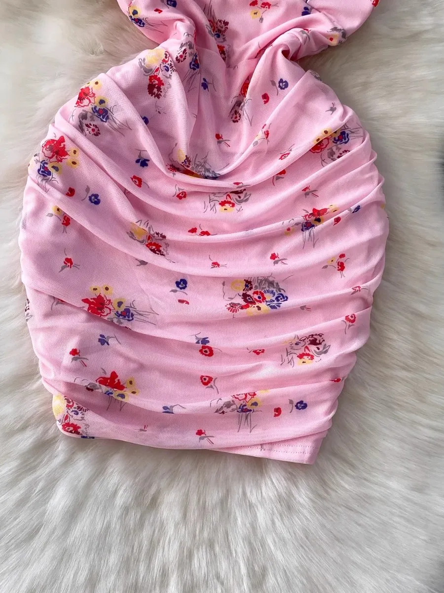 Foamlina 2025 New Floral Print Mesh Pleated Dress Women French Sexy Square Neck Flying Sleeve Slim Fit  Bodycon Dress