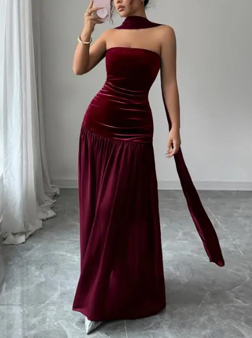 

Women's Dress Summer New Fashion Elegant Temperament Style High-End Solid Color Velvet Waist Bag Buttocks Strapless Party Dress