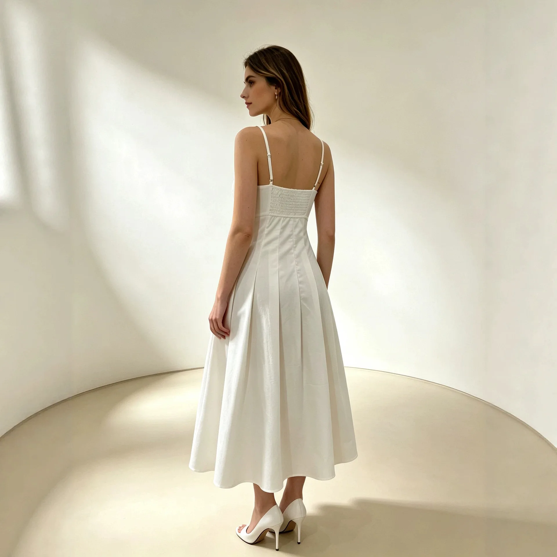 2026 Spring/summer. New Women's Elegant Solid Color Fishbone Waist-cinching Smart Fit Strap Clothes Clothes Midi Femme Luxury