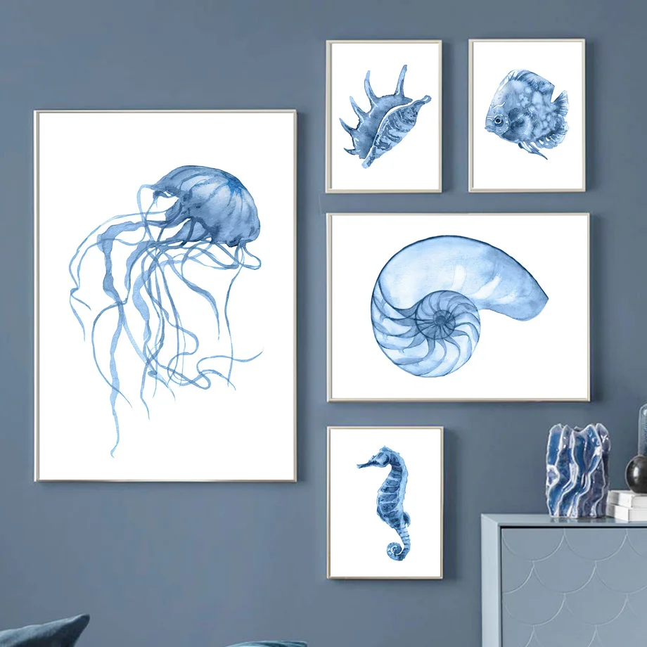 Blue Watercolor Coastal Wall Art Prints Nautical Sea Creature Poster Seashell Jellyfish Seahorse Crab Starfish Beach House Decor