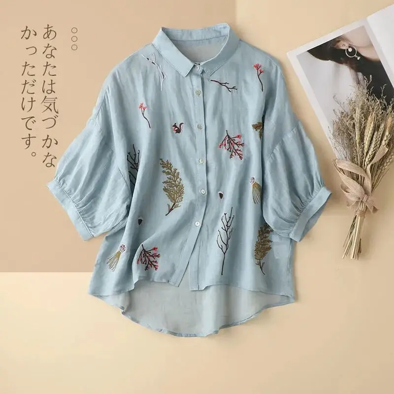 Summer Seven Point Cotton Linen Embroidered Shirt for Women 2023 New Literary Loose Temperament Lapel Casual Top for Women