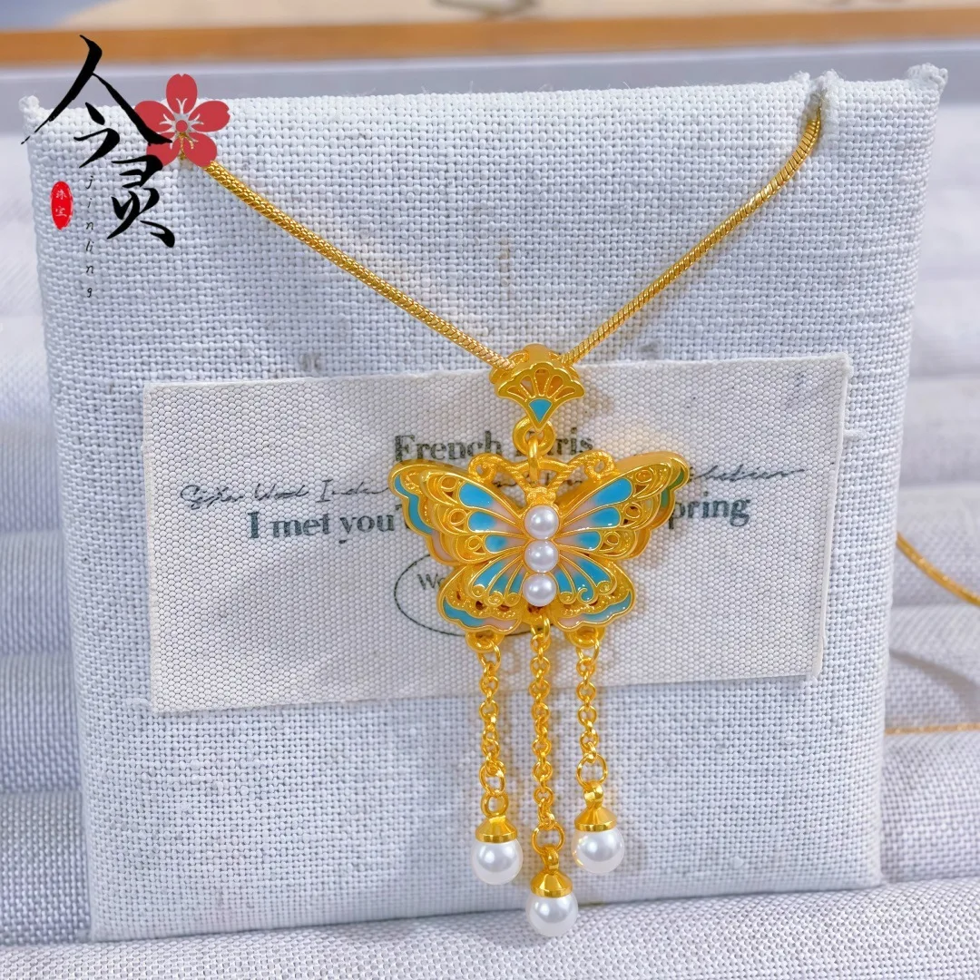 

Роскошный кулон-бабочка Youmeng из чистого золота 24K 9999 пробы с эмалью, женская цепочка на ключицу