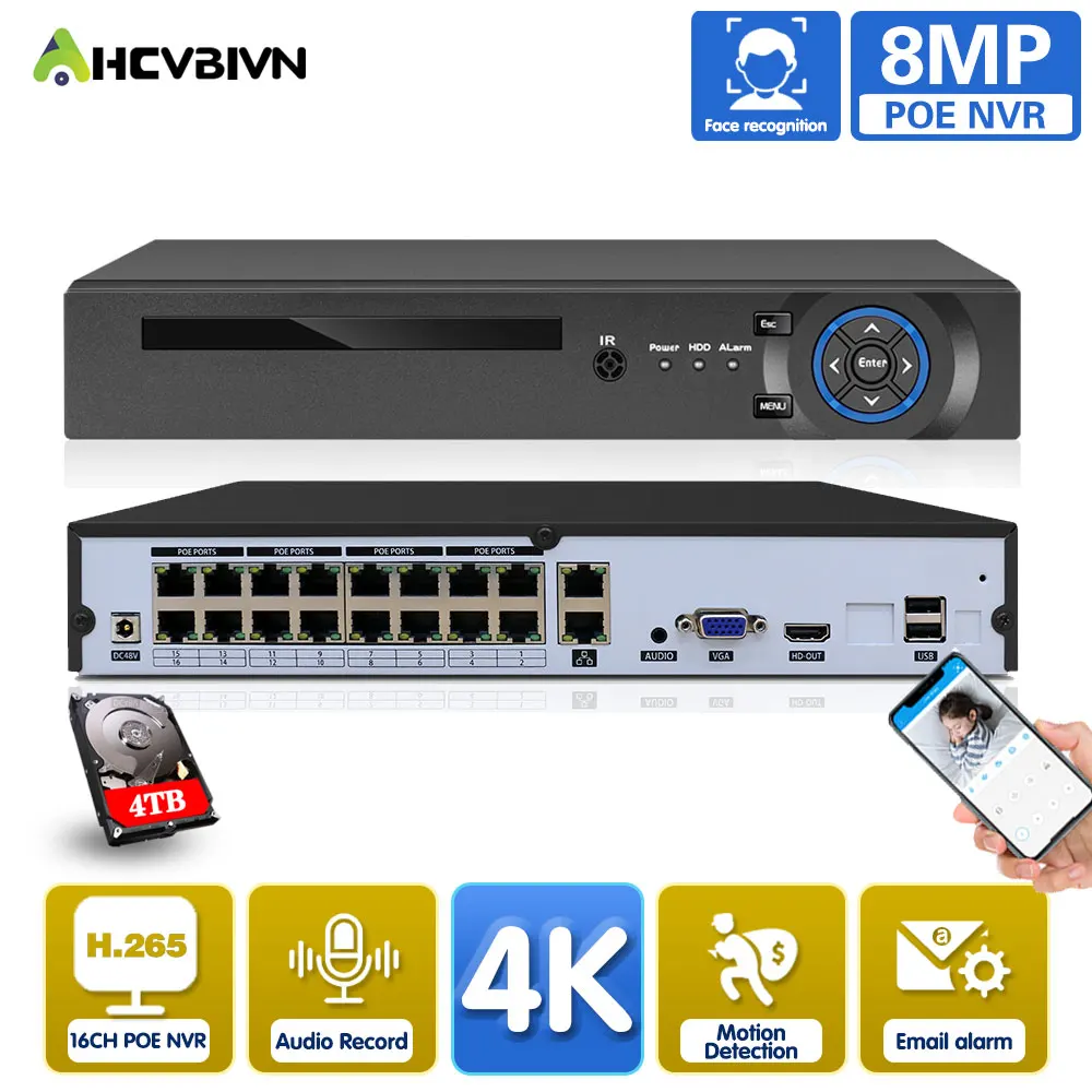 16CH 4k 8MP POE NVR Video Recorder Ultra HD H.265 48V Audio Out IP Camera Smart AI Face Detection CCTV System P2P Network Xmeye