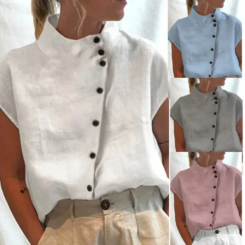 Women Spring Summer Shirt Blouse Button Turtleneck Short Sleeves Solid Color Casual Fashion Comfortale Regular Thin Standard