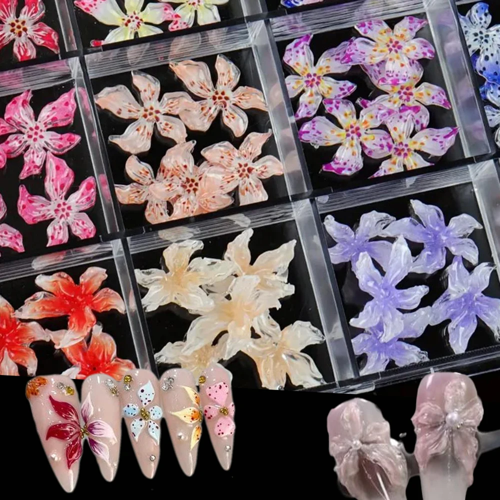 12Grid 3D Mixed Resin Ice Crystal Lily Flower Nail Charm Gradient Leopard print Cherry Blossom Petal Rhinestone DIY Nail Part