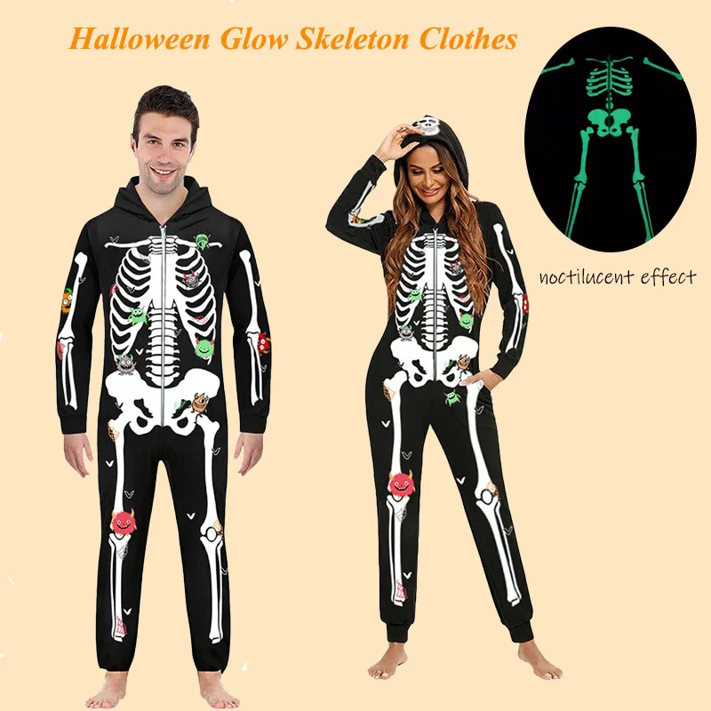 

Adult Skeleton Glow Clothes Halloween Party Dress Up Long Sleeve Hooded Couple Jumpsuits Cosplay Costume Family Matching Outfits