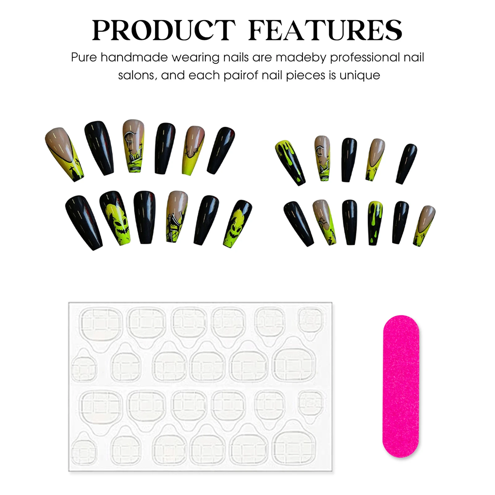 24 قطعة الأظافر وهمية هالوين أسود داكن نمط طويل الباليه نعش الأظافر كاذبة نمط الساحرة يمكن ارتداؤها غطاء كامل اضغط على الأظافر