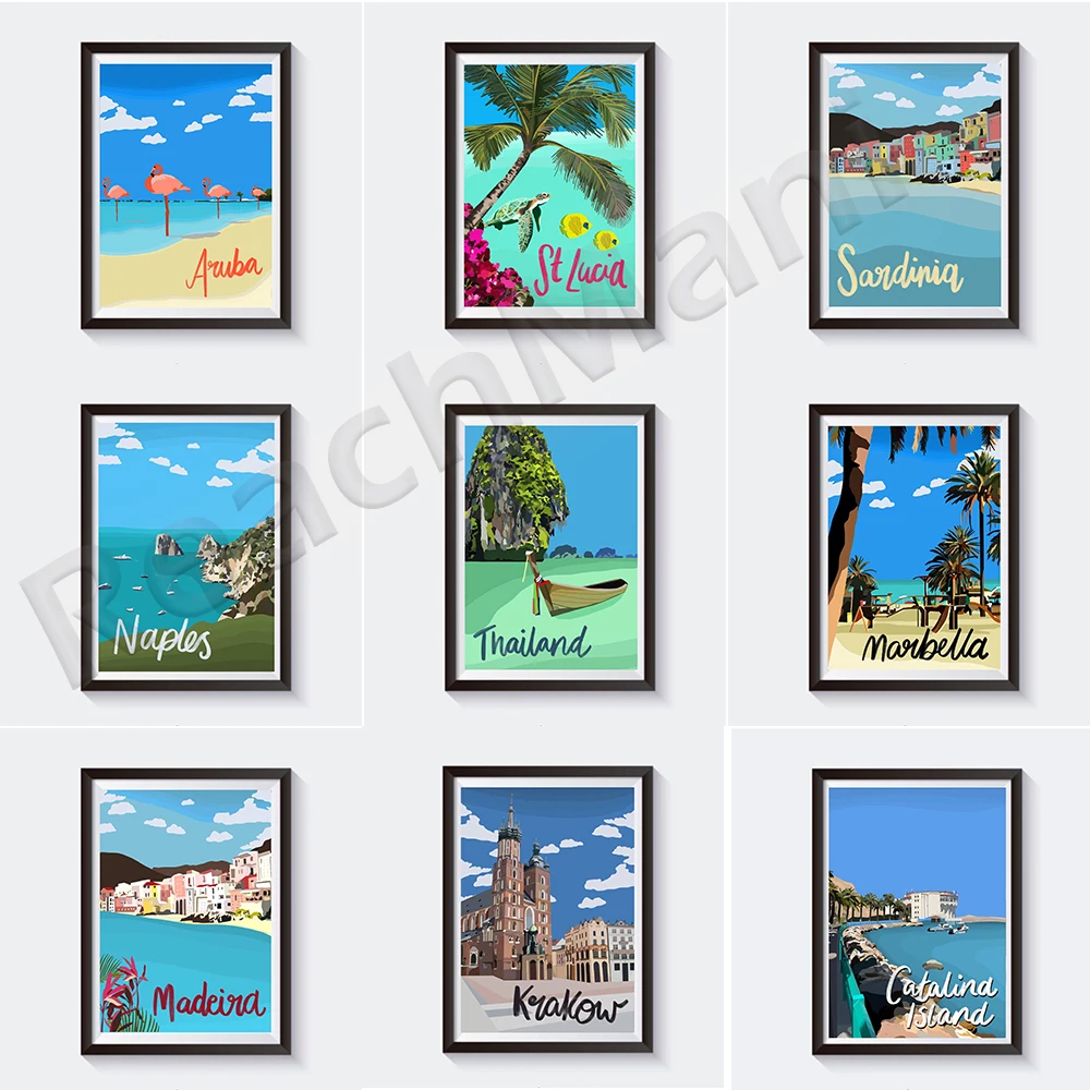 

Nice France, Thailand, London, Krakow, Sardinia, Naples Italy, Aruba, Madeira, St Lucia Caribbean, Catalina Island travel poster