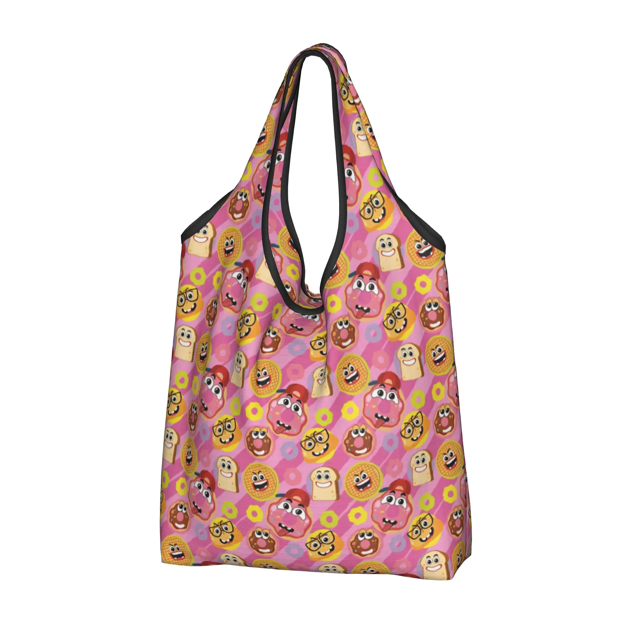 Kawaii Print Chocolate Donut White Bread Waffle Shopping Tote Bags Portable Shopper Shoulder Pink Strawberry Donut Handbag