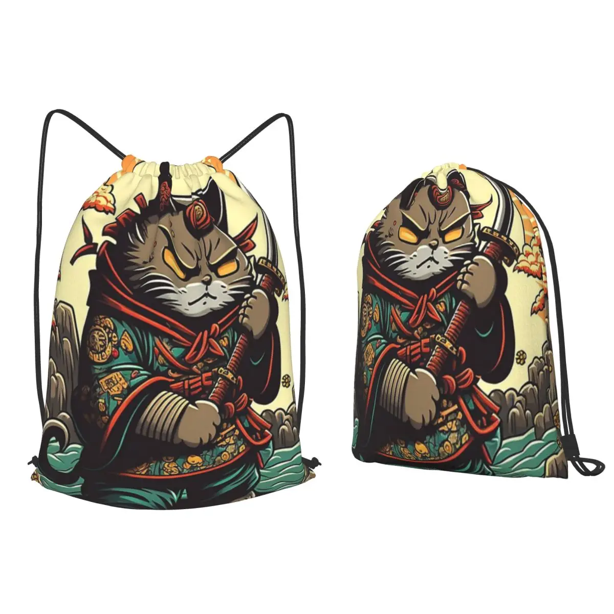 Cats Anime Samurai Sword Backpacks Casual Drawstring Bags Sundries Bag Book Bags for Travel Students