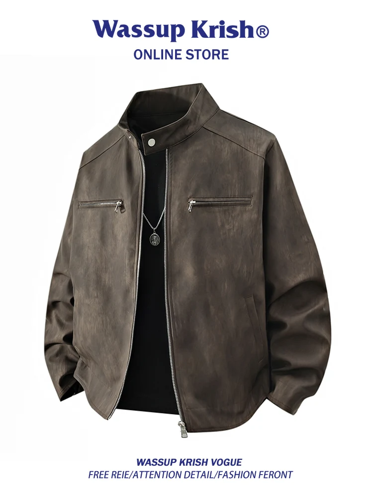 

Wassup Kri, окрашенный в американском стиле джет из искусственной кожи, свободная рабочая одежда с воротником-стойкой для мужчин, верхняя одежда для осеннего сезона