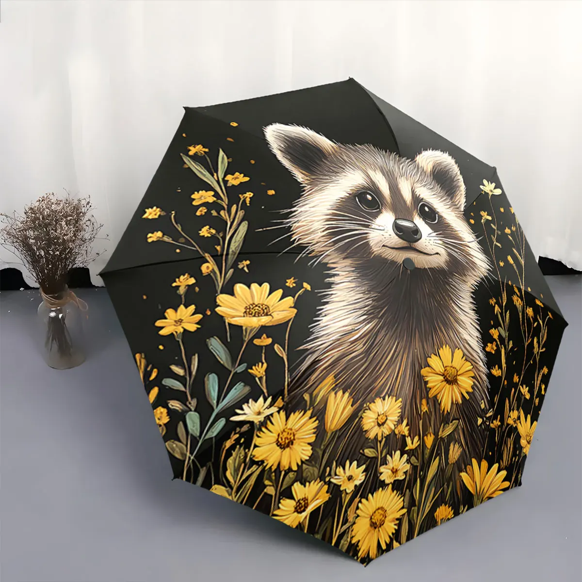 Cute Raccoon in Yellow Floral Design on Black Background portable waterproof sun rain umbrella for outdoor travel beach