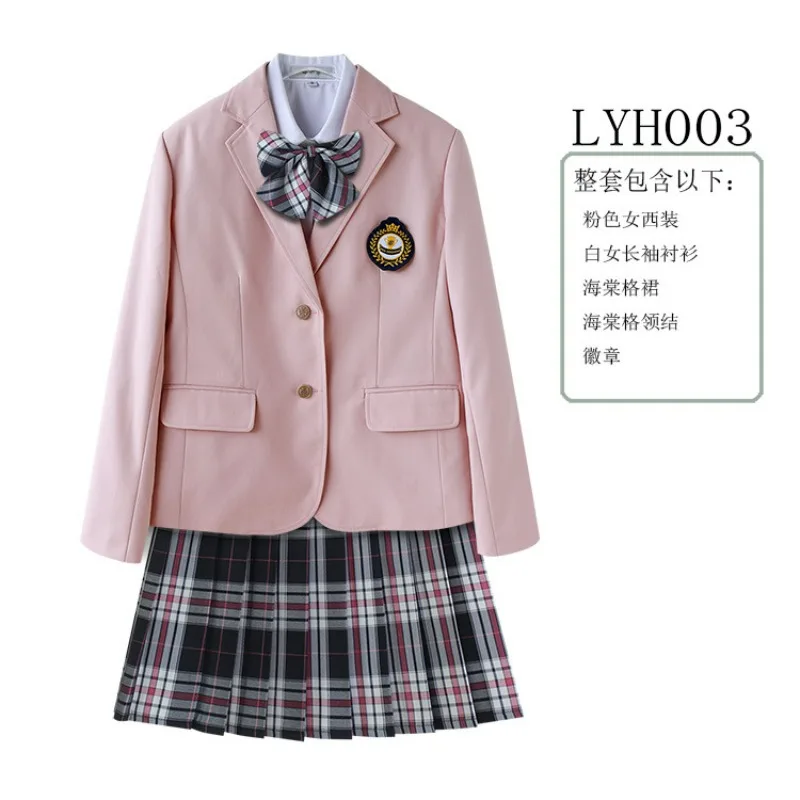 5PCS Women Korea British Japan School Uniform Outfit Girl Anime Cosplay Costume Blazer Shirt Tie Badge Plaid Skirt