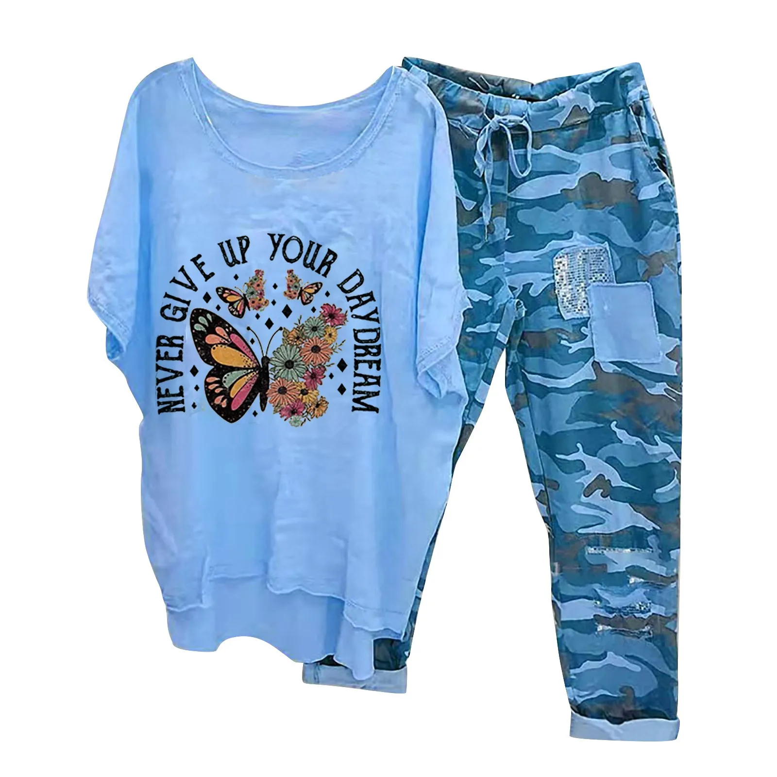 Two Piece Set Spring Summer Loose Women 1 Set T-shirt Pants Camouflage Drawstring Relaxed Fit Asymmetrical Outfit Streetwear