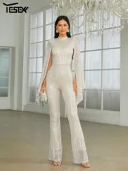 Yesexy New Stand Collar Cape Sleeve Sequin Apricot Formal Occasion  Jumpsuits