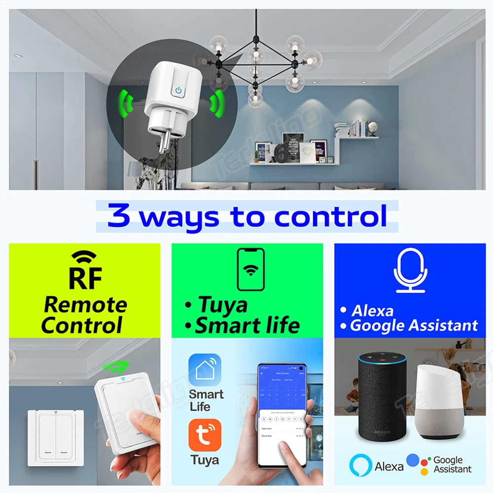 Tuya 16A WiFi Smart Socket Plug RF Wireless Remote Control Outlet Switch Power Monitoring Voice Control Alexa Google Assitant