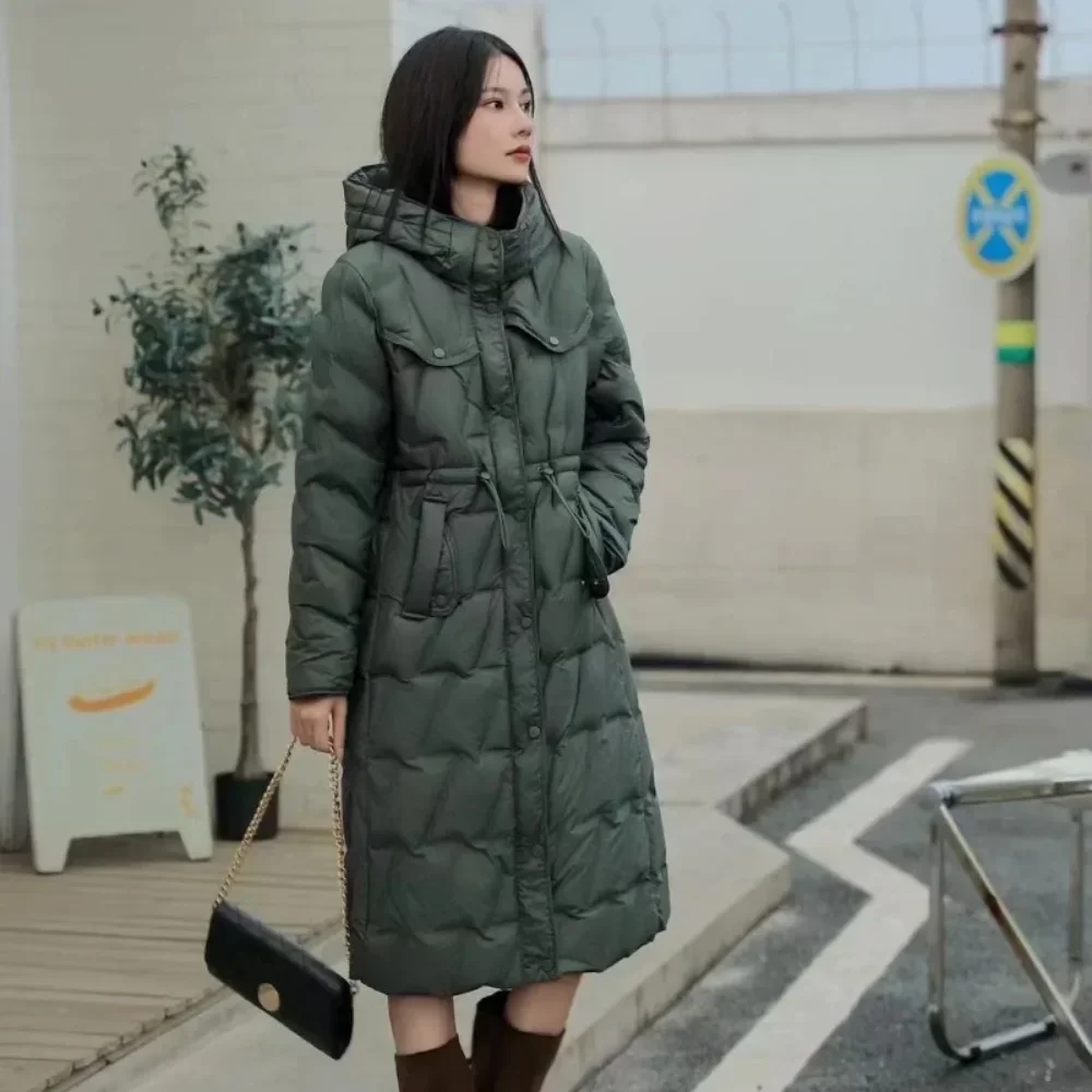 Lange Damen-Daunenjacke für Damen, 2025, Herbst und Winter, neuer Knie, schlanker warmer Mantel, Kapuze, Taille, lässiger Parker-Mantel, Street Fashion