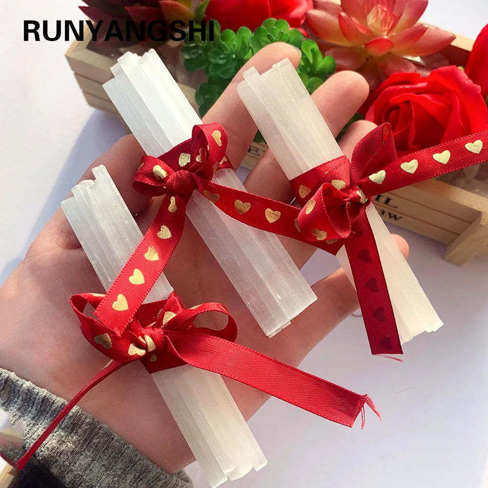 10 Stuks Natuurlijke Healing Wit Selenite Stok Chips Reiki Energie Wit Quartz Ruwe Gips Staaf Mineralen Specimen Met Strik