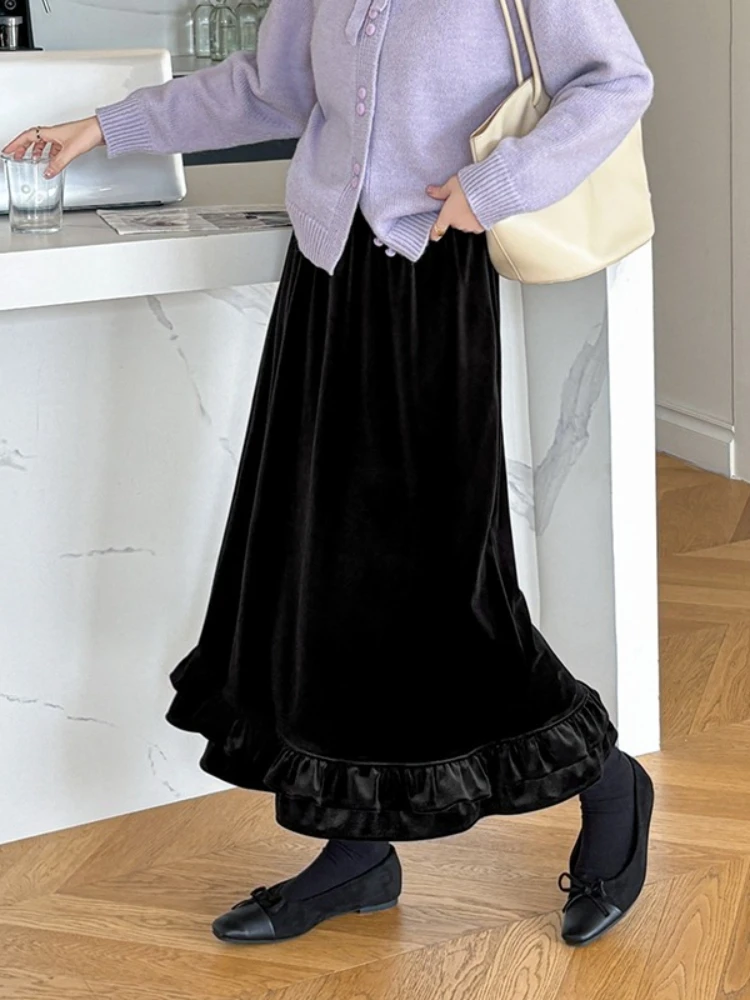 REALEFT Autumn Winter Vintage Dots Printed Thicken Velvet Women's A-line Skirts High Waist Casual Loose Umbrella Skirts Female