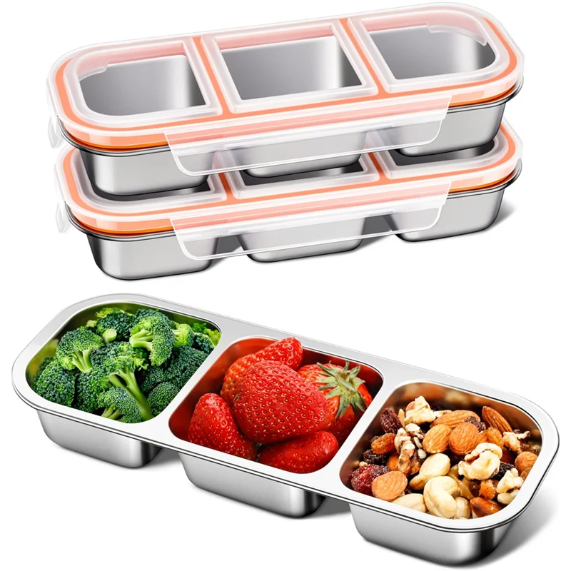 

HRBAJ-3 Pack Stainless Steel Snack Containers For Kids & Adults With 3 Compartment - Lunchable Containers For Daycare,School