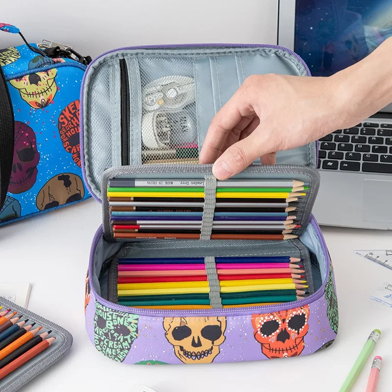 

72 hole Large-capacity Color Lead Watercolor Brush Multi-functional Pencil Bag Detachable Strap Cartoon Skull Pen Bag