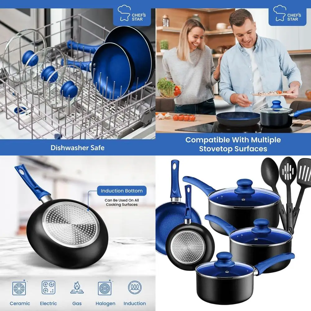 

11-Piece Blue Nonstick Aluminum Cookware Set: Essential Kitchen Pans and Pots