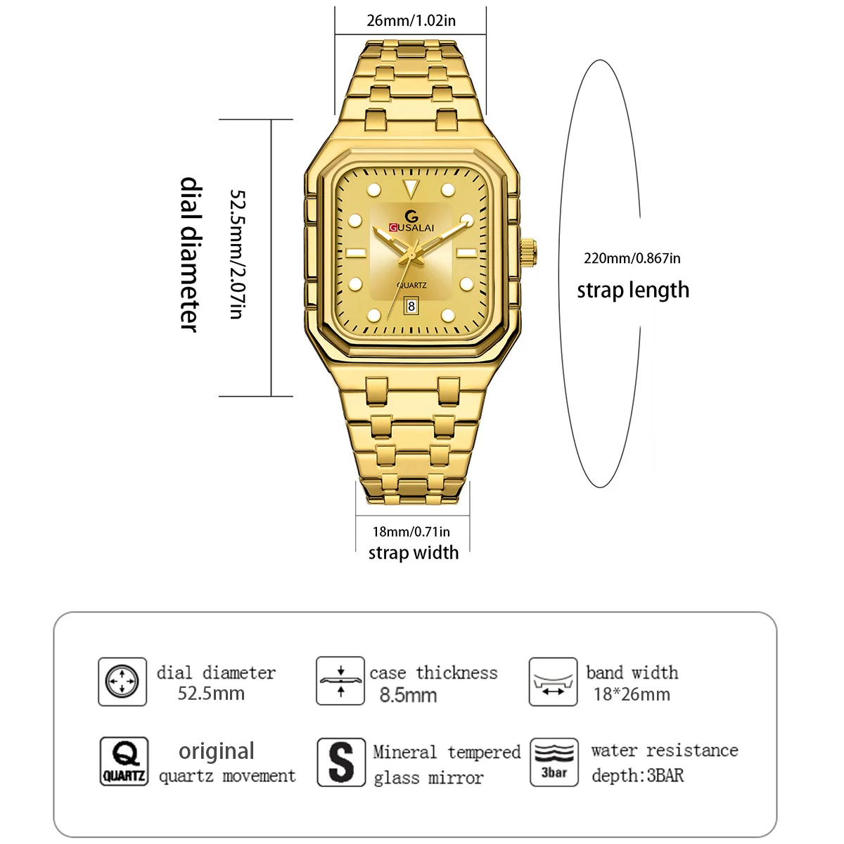 2025 신상 남성용 시계 사각형 고급 골드 스테인리스 스틸 캐주얼 비즈니스 스타일 오리지널 쿼츠 무브먼트 시뮬레이션 캘린더 시계