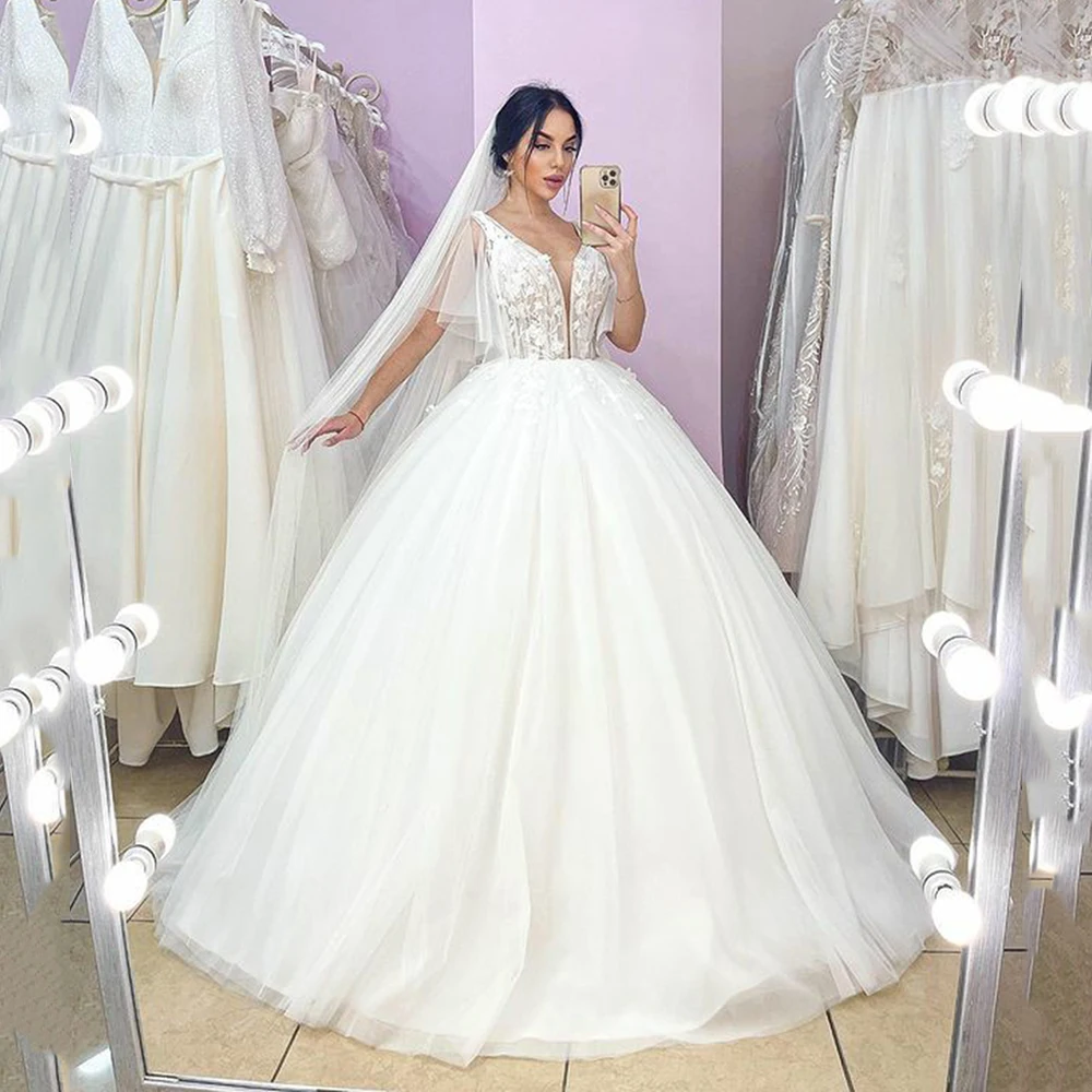 Msikoods Hochzeit Kleider Tüll mit Spitze Appliques Prinzessin V-ausschnitt Dubai A-line Sommer Braut Kleid vestido de noiva