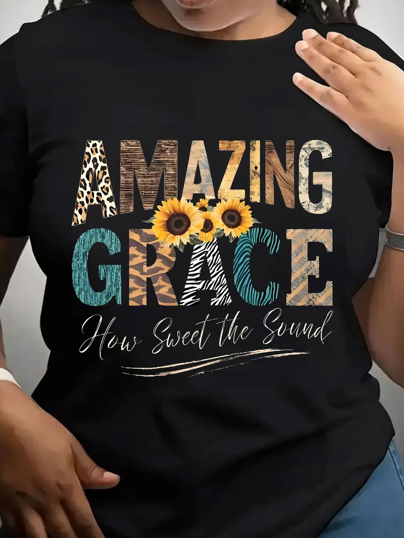 Women's Trendy Crew Neck T-Shirt Amazing Grace Sunflower Pattern Print Suitable for Casual Sportswear