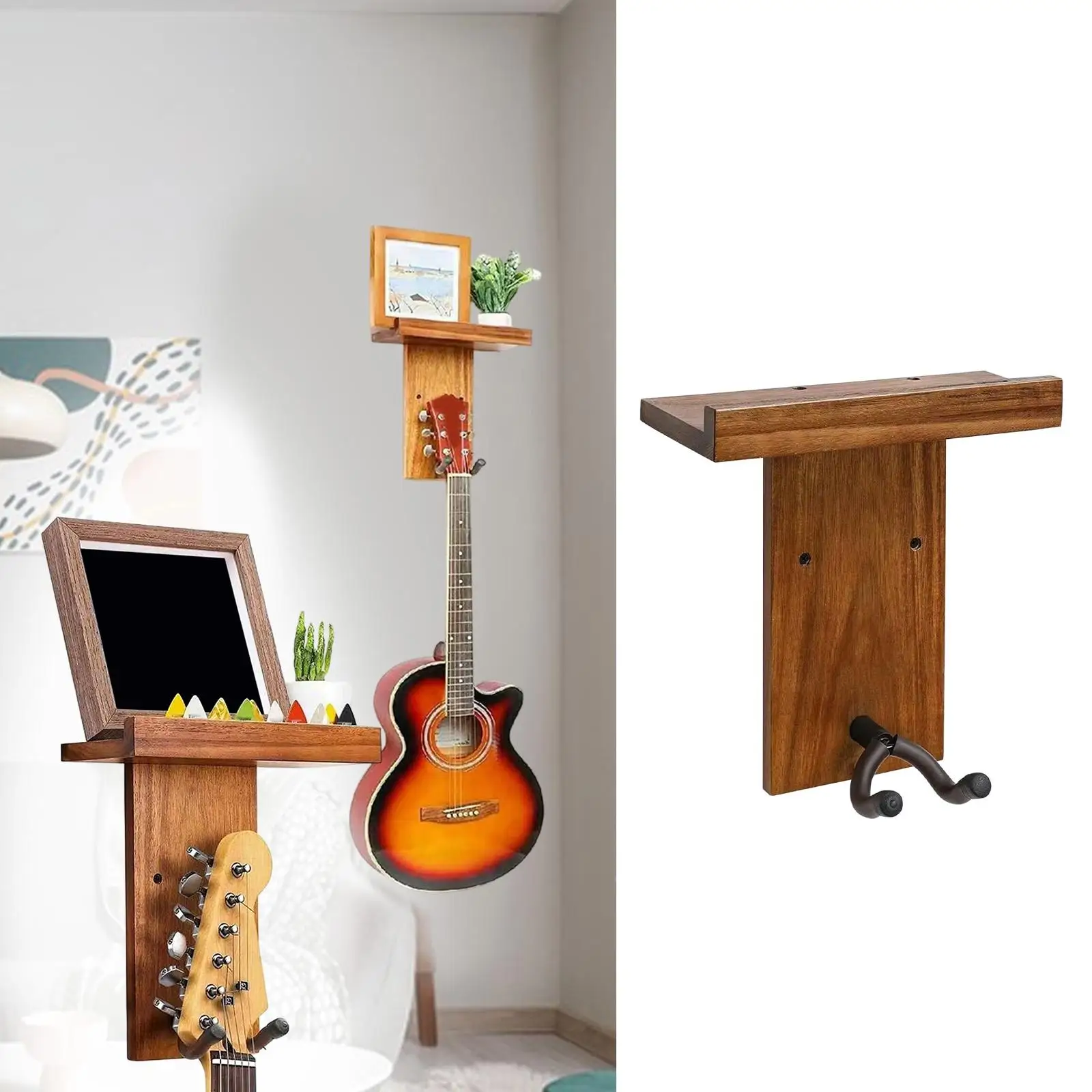 

Настенная вешалка для гитары с полкой, простая установка, аксессуары для музыкальных инструментов, деревянный держатель, подставка для народной электрогитары, бас-гитары