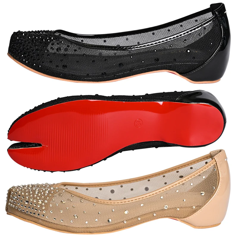 Summer Handmade BlingBling Crystal Splite-Toe Woman Flats Ballet Dance Shoes Mary Janes Mules Girls Tabi Mesh Breathable Loafers