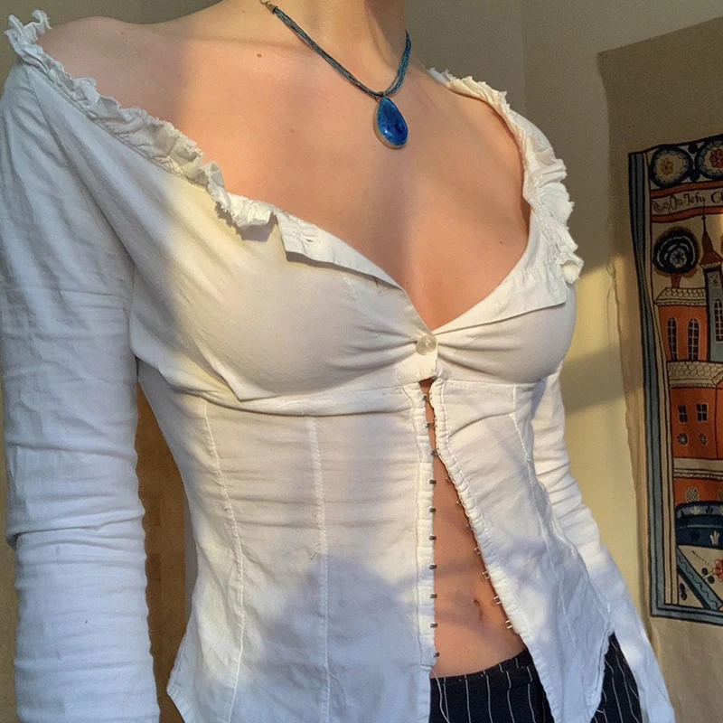 

Сексуальный топ с глубоким V-образным вырезом и оборками в стиле 90-х, винтажный дизайн с застежкой на пуговицы, удобный хлопковый материал, модный повседневный топ для женщин